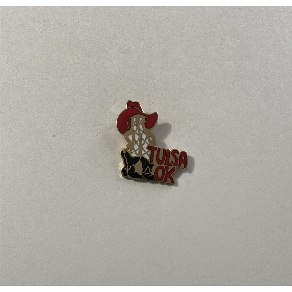 Tulsa Oklahoma Enamel Lapel Pin Red Cowboy Hat Oil Derrick Western Pinback